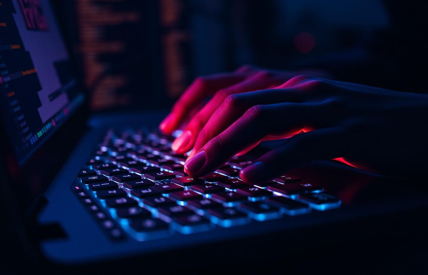 Close-up of hands typing on a backlit keyboard with code on screen