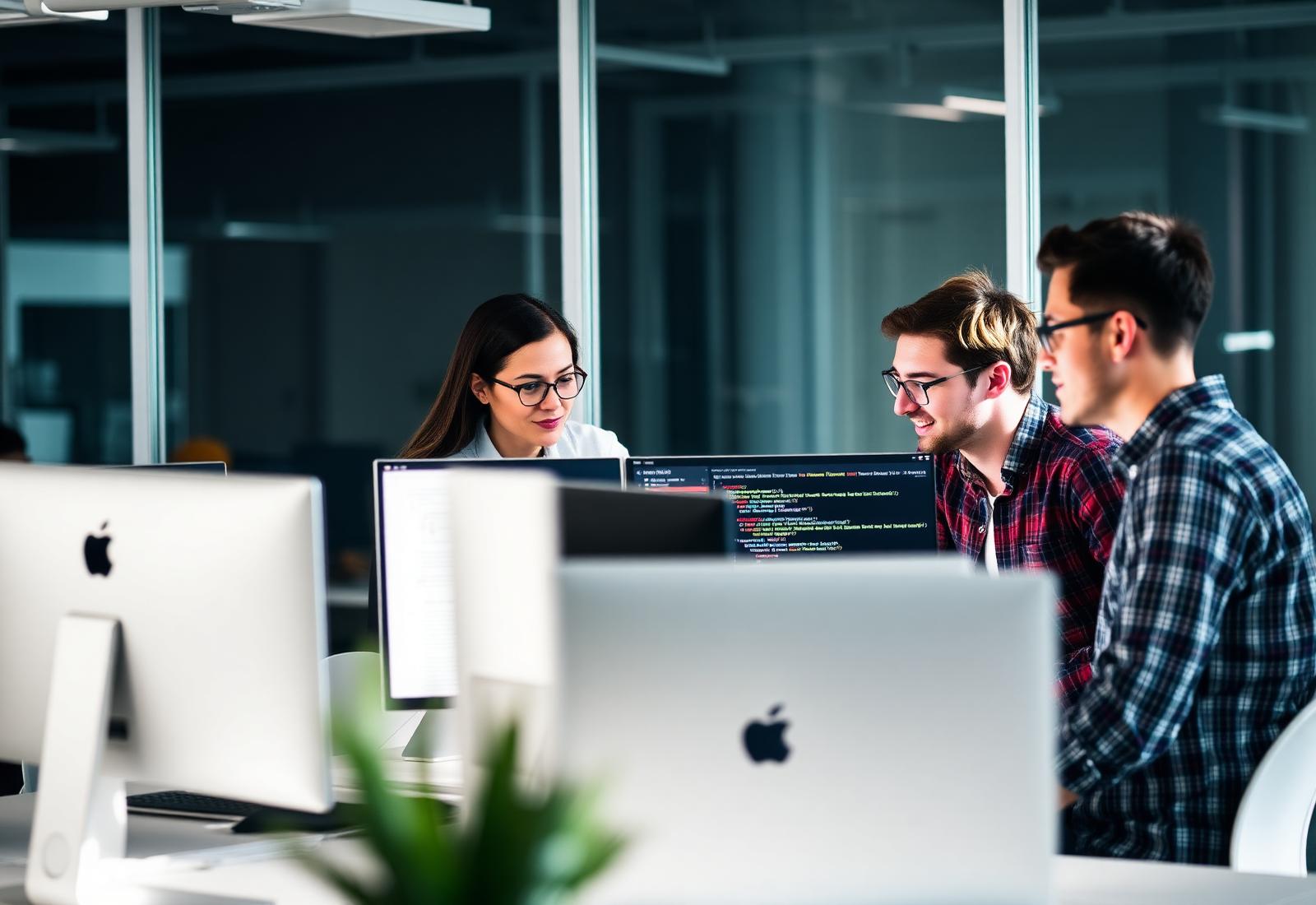 Engineers reviewing code together in a bright modern office