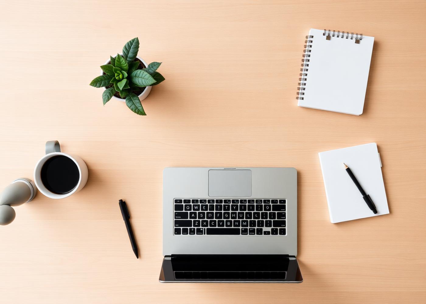 Top-down view of a clean workspace with laptop and notebook